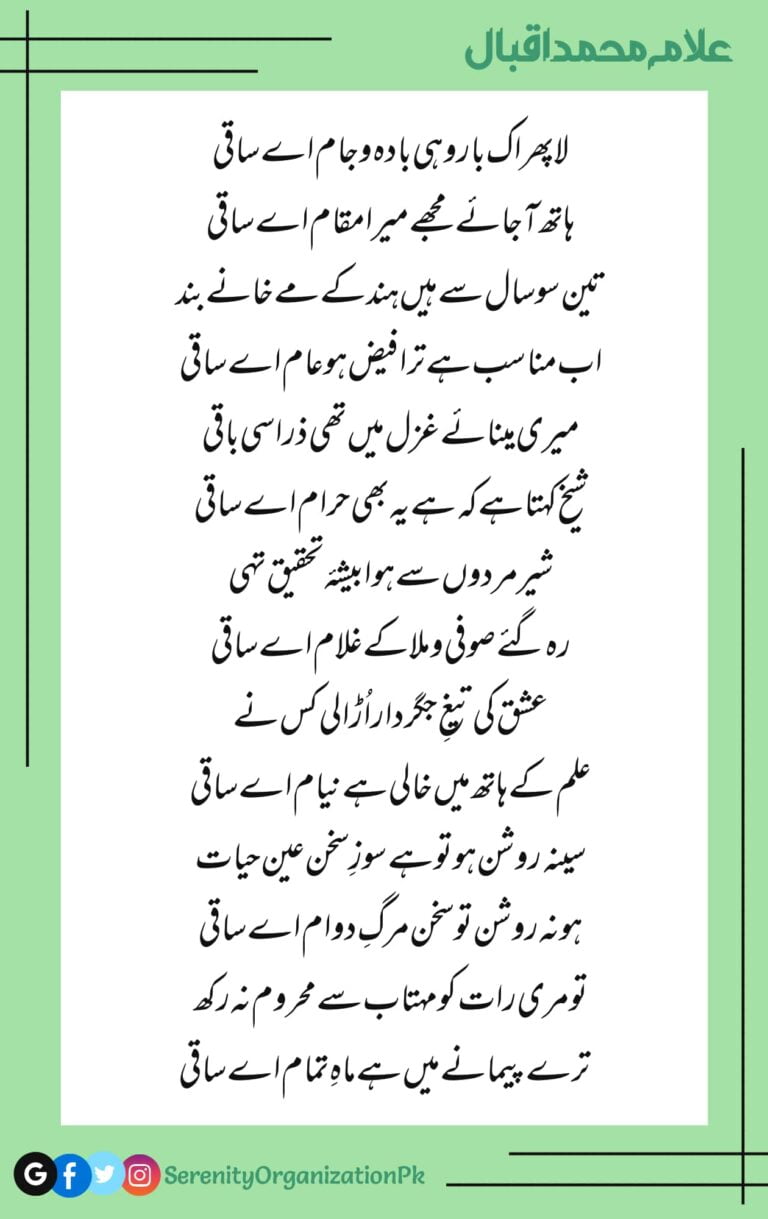 La phir ek baar wahi bada o jaam ae saqi Haath aa jaaye mujhe mera muqaam ae saqi Teen sau saal se hain Hind ke mai khane band Ab munasib hai tera faiz ho aam ae saqi Meri minaye ghazal mein thi zara si baqi Sheikh kehta hai ke hai yeh bhi haram ae saqi Sher mardoon se hua besha-e-tahqiq tehi Rah gaye soofi o mulla ke ghulam ae saqi Ishq ki teegh-e-jigardar ura li kis ne Ilm ke haath mein khali hai niaam ae saqi Seena roshan ho to hai soz-e-sukhan ain hayat Ho na roshan to sukhan marg-e-dawam ae saqi Tu meri raat ko mah-taab se mehroom na rakh Tere paimane mein hai maah-e-tamaam ae saqi